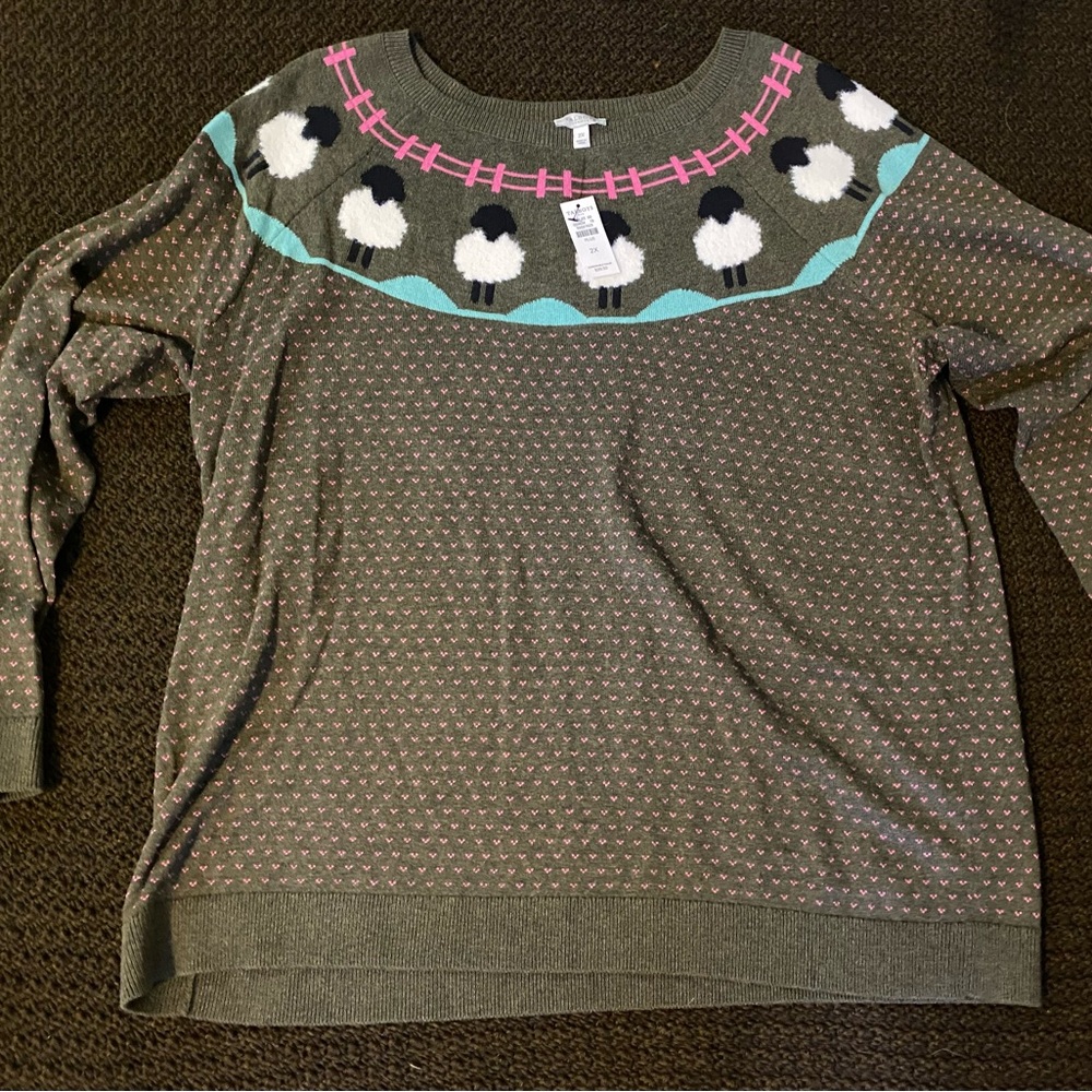 NWT Talbots Women's Sheep Pattern Sweater - Green and Pink 2X 20
